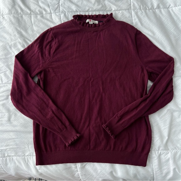 Boden Ruffled Mock Neck Knit Sweater US 12 Burgundy Purple Cotton Wool Academia - Picture 1 of 8